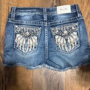 Miss Me Blue Embroidered Feather Pocket Denim Shorts